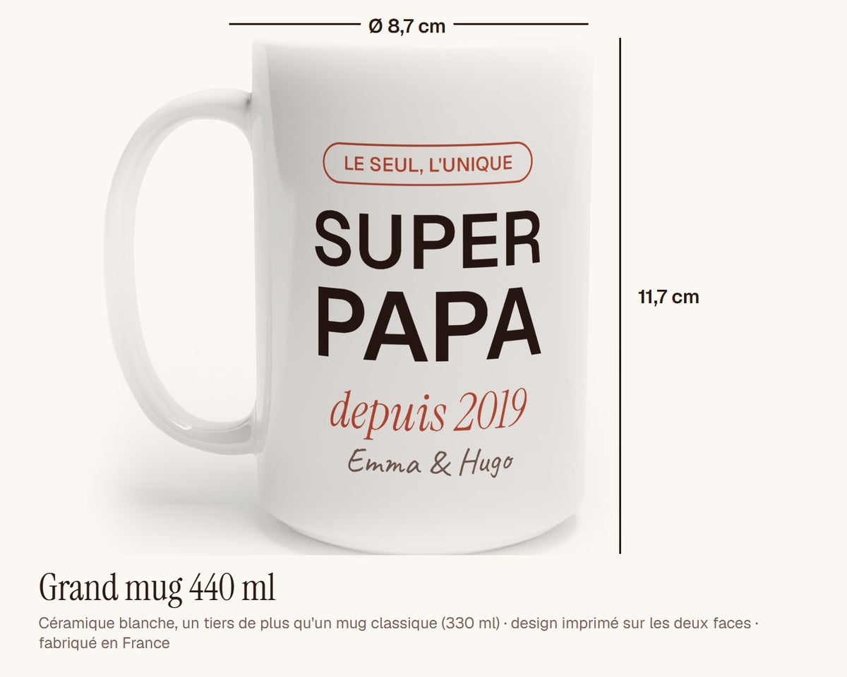Mug personnalisé « Super Papa » avec l'année et les prénoms – grand mug 440 ml, 11,7 cm de haut