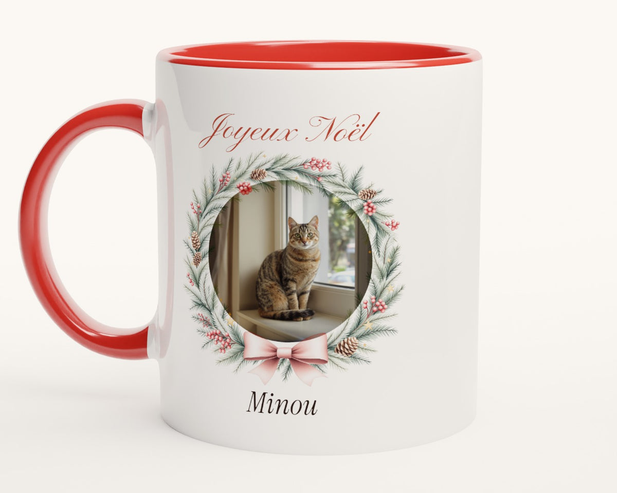 Mug de Noël avec la photo de votre chat – intérieur et anse rouges