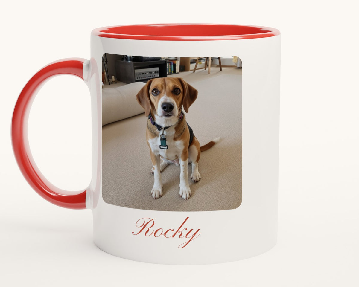 Mug photo personnalisé avec texte – intérieur et anse rouges
