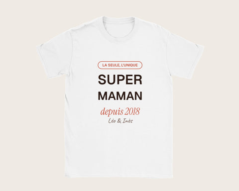 T-shirt « Super Maman » personnalisé avec les prénoms – t-shirt blanc