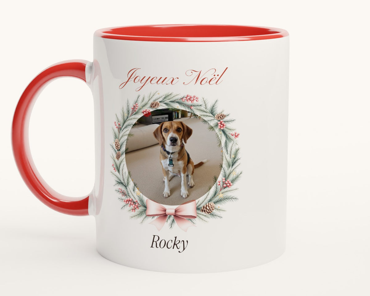 Mug de Noël avec la photo de votre chien – intérieur et anse rouges