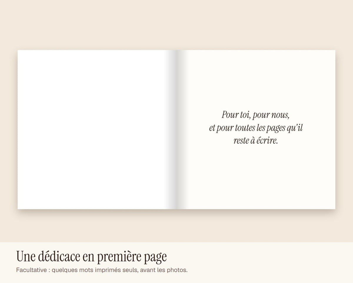 Livre photo de couple personnalisé « Notre histoire » – dédicace en première page