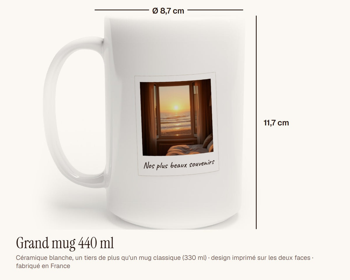 Mug photo polaroid personnalisé avec légende – grand mug 440 ml, 11,7 cm de haut