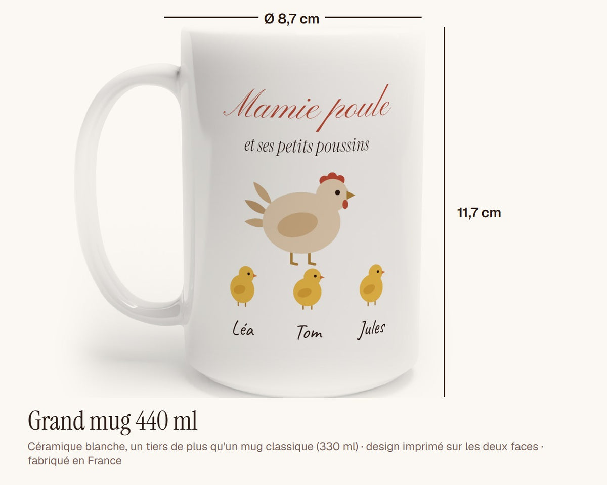 Mug « Mamie poule » personnalisé avec les prénoms des poussins – grand mug 440 ml, 11,7 cm de haut