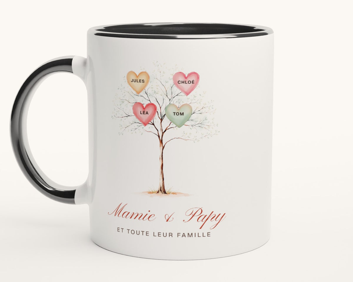 Mug arbre de famille personnalisé « Mamie & Papy » – intérieur et anse noirs