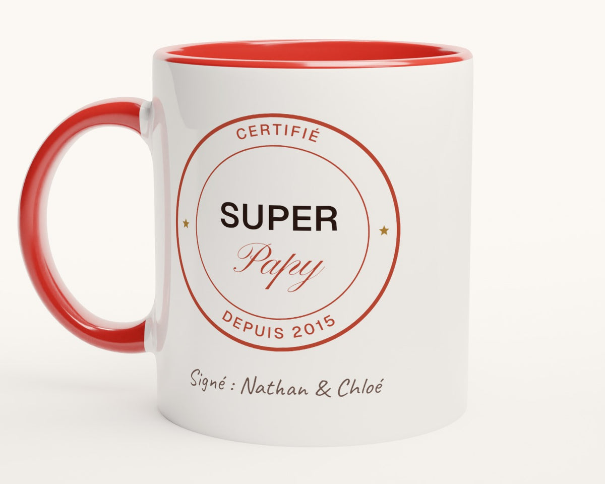 Mug « Super Papy certifié » personnalisé – intérieur et anse rouges