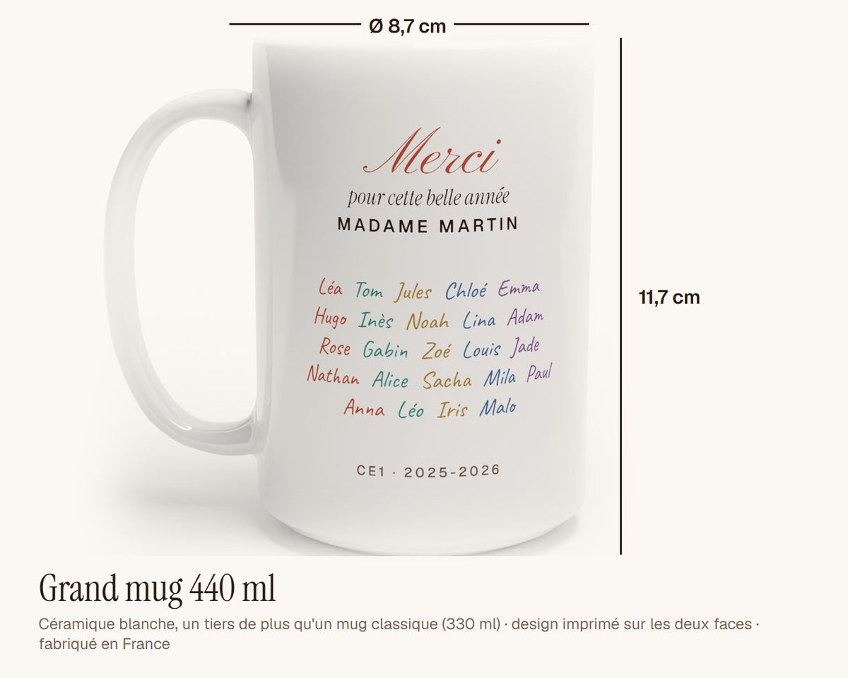 Mug « Merci » avec les prénoms de toute la classe – grand mug 440 ml, 11,7 cm de haut