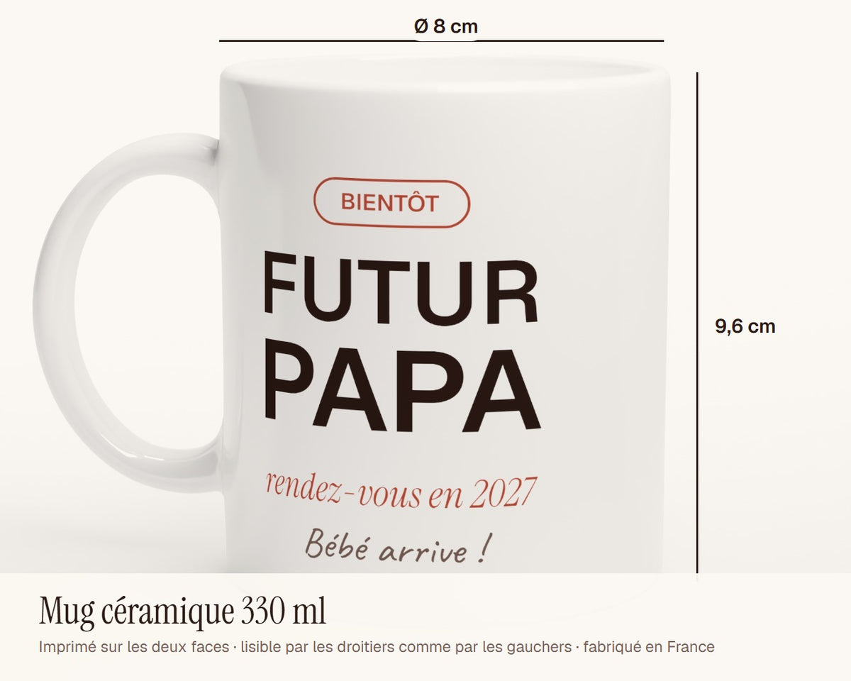 Mug personnalisé « Futur papa » annonce de grossesse – dimensions : 9,6 cm de haut, 8 cm de diamètre, 330 ml