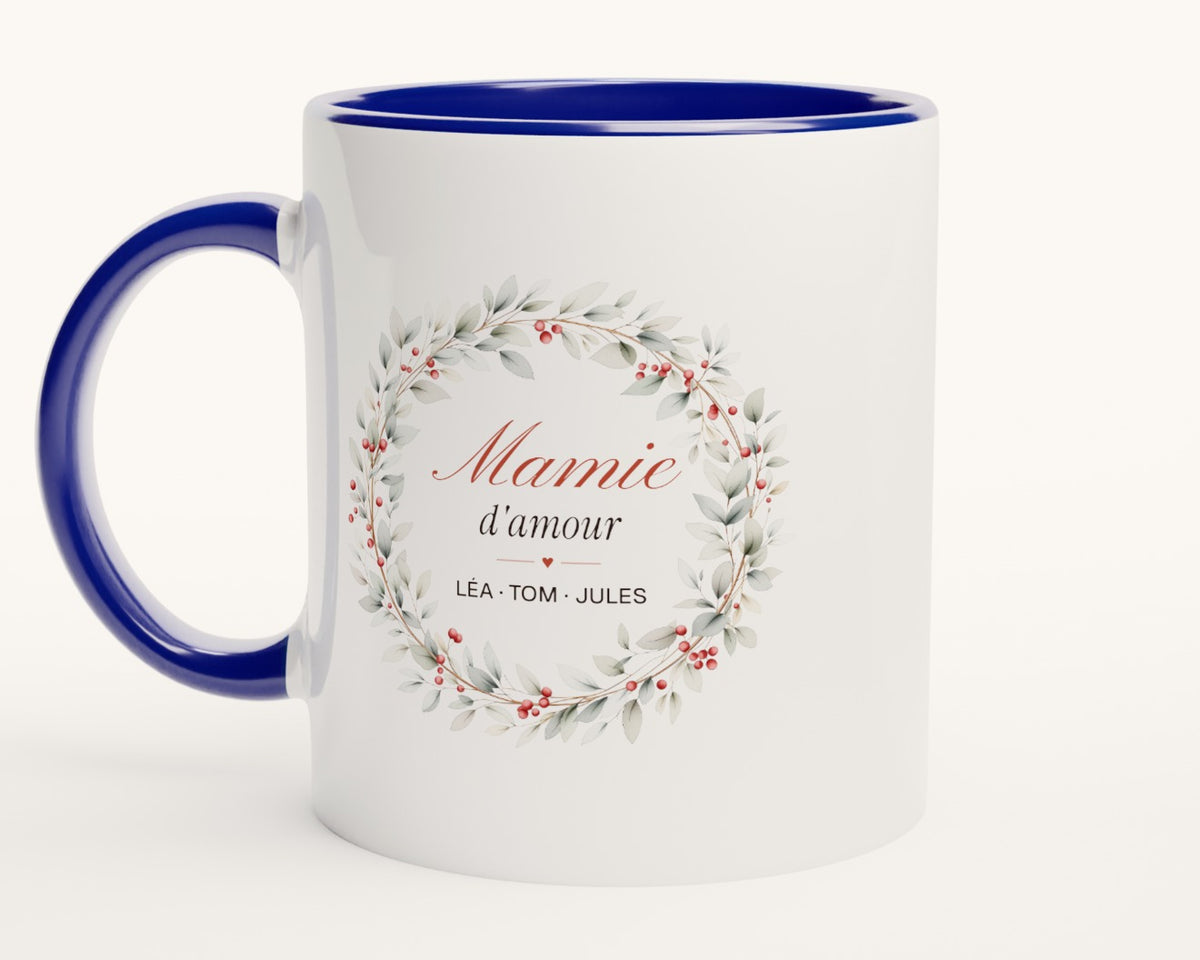 Mug personnalisé « Mamie d'amour » avec les prénoms – intérieur et anse bleus