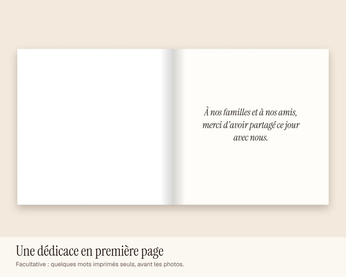 Livre photo de mariage personnalisé avec vos prénoms et la date – dédicace en première page