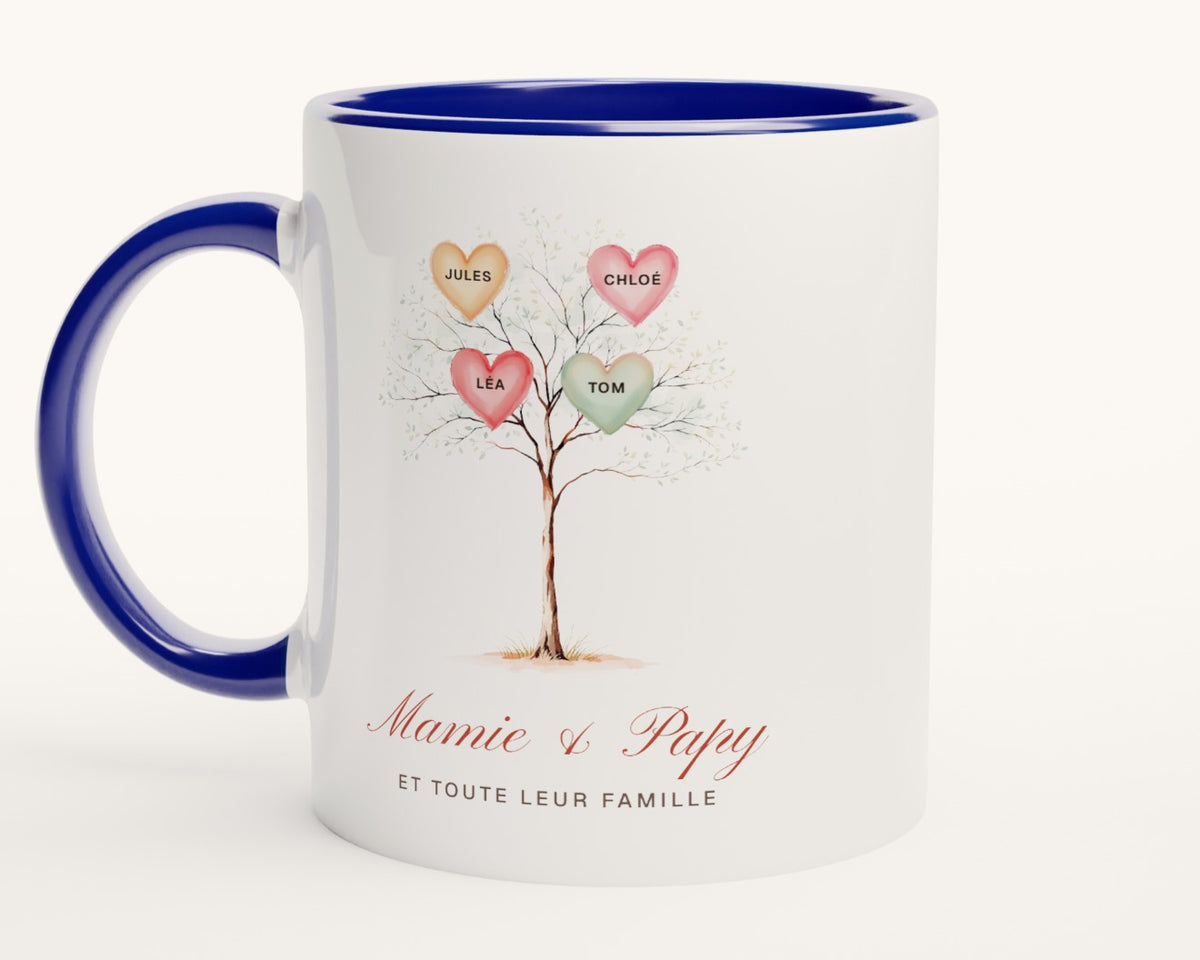 Mug arbre de famille personnalisé « Mamie & Papy » – intérieur et anse bleus