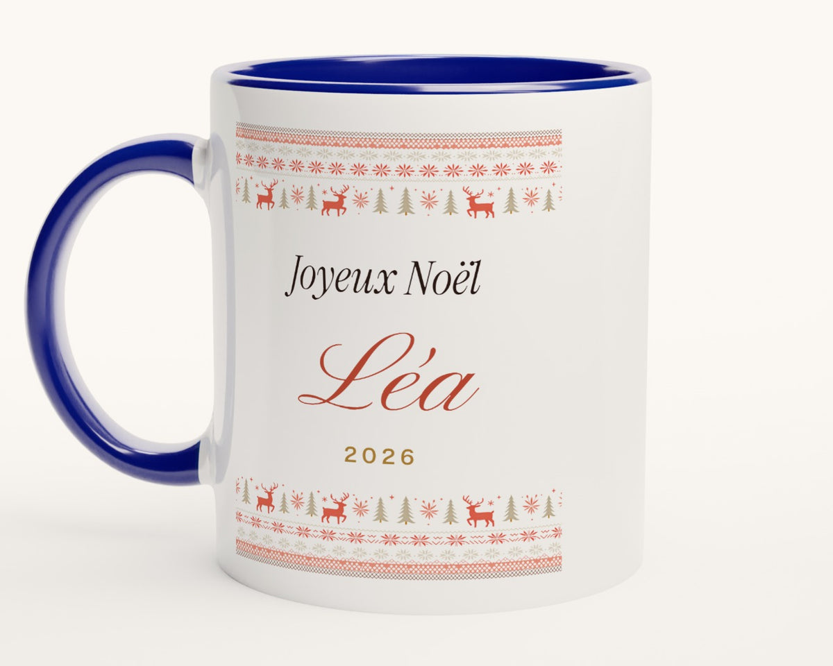Mug « Pull de Noël » personnalisé avec prénom – intérieur et anse bleus