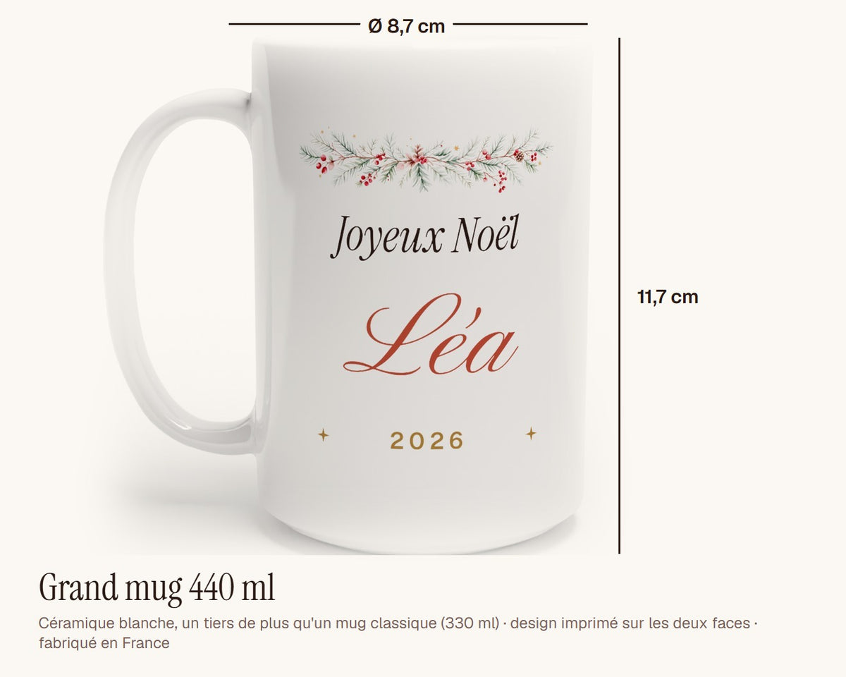 Mug de Noël personnalisé avec prénom – grand mug 440 ml, 11,7 cm de haut