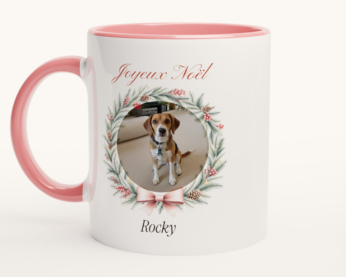 Mug de Noël avec la photo de votre chien – intérieur et anse roses