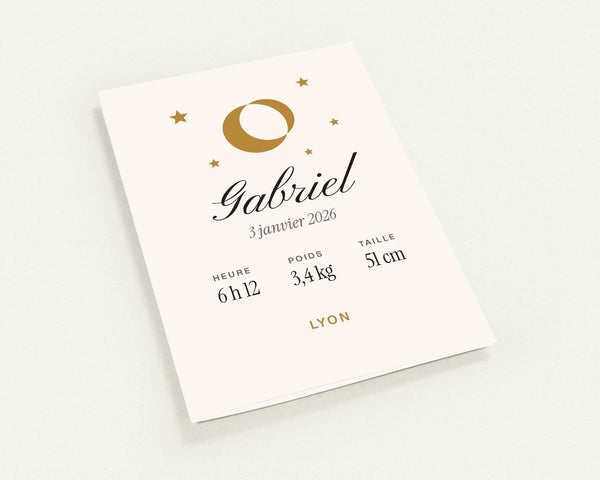 Faire-part de naissance « lune et étoiles » personnalisé (lot de 10) – carte pliée A6