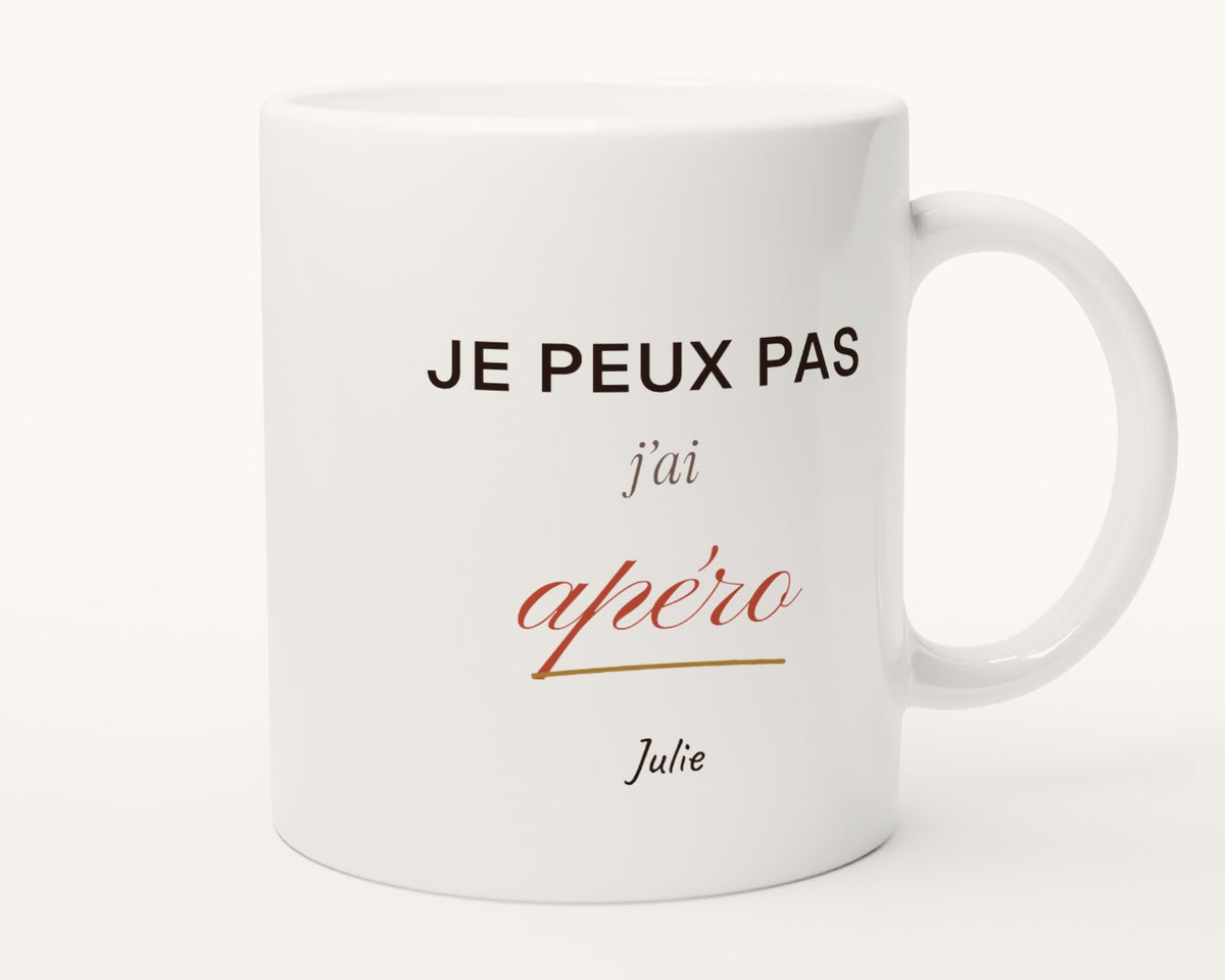 Mug humour « Je peux pas, j'ai apéro » personnalisé – autre face, anse à droite