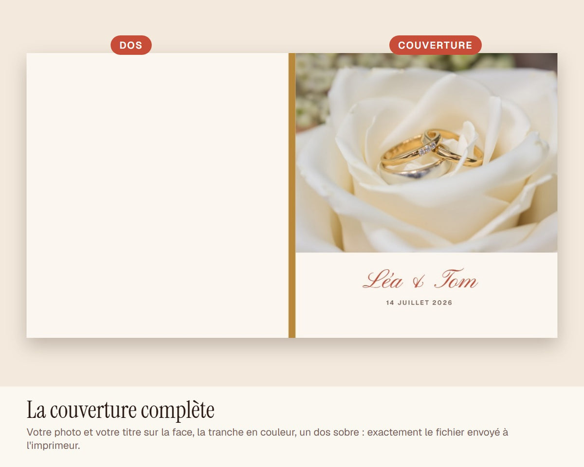 Livre photo de mariage personnalisé avec vos prénoms et la date – couverture à plat : dos, tranche et face