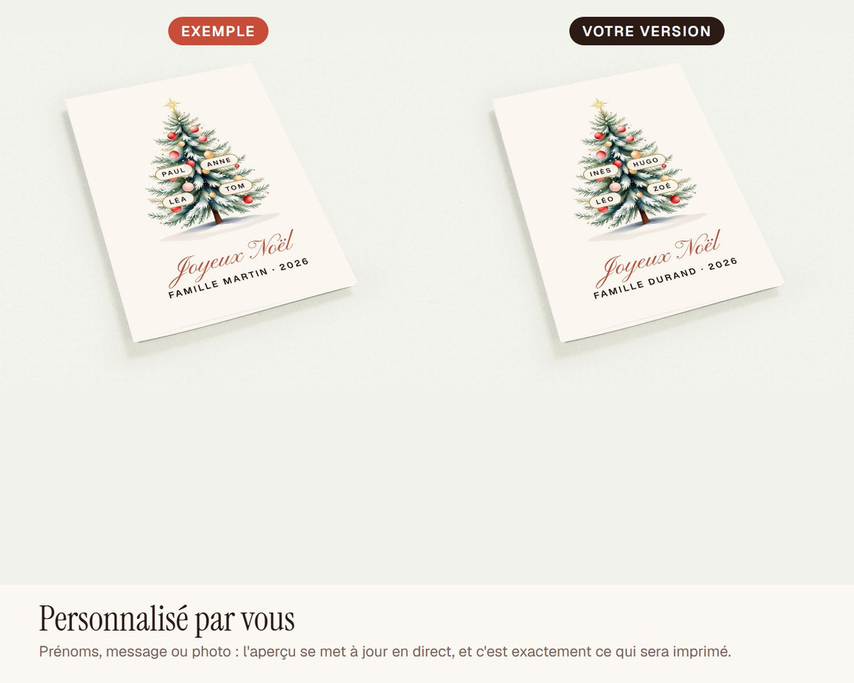 Carte de vœux sapin de famille personnalisée (lot de 10) – exemple de personnalisation