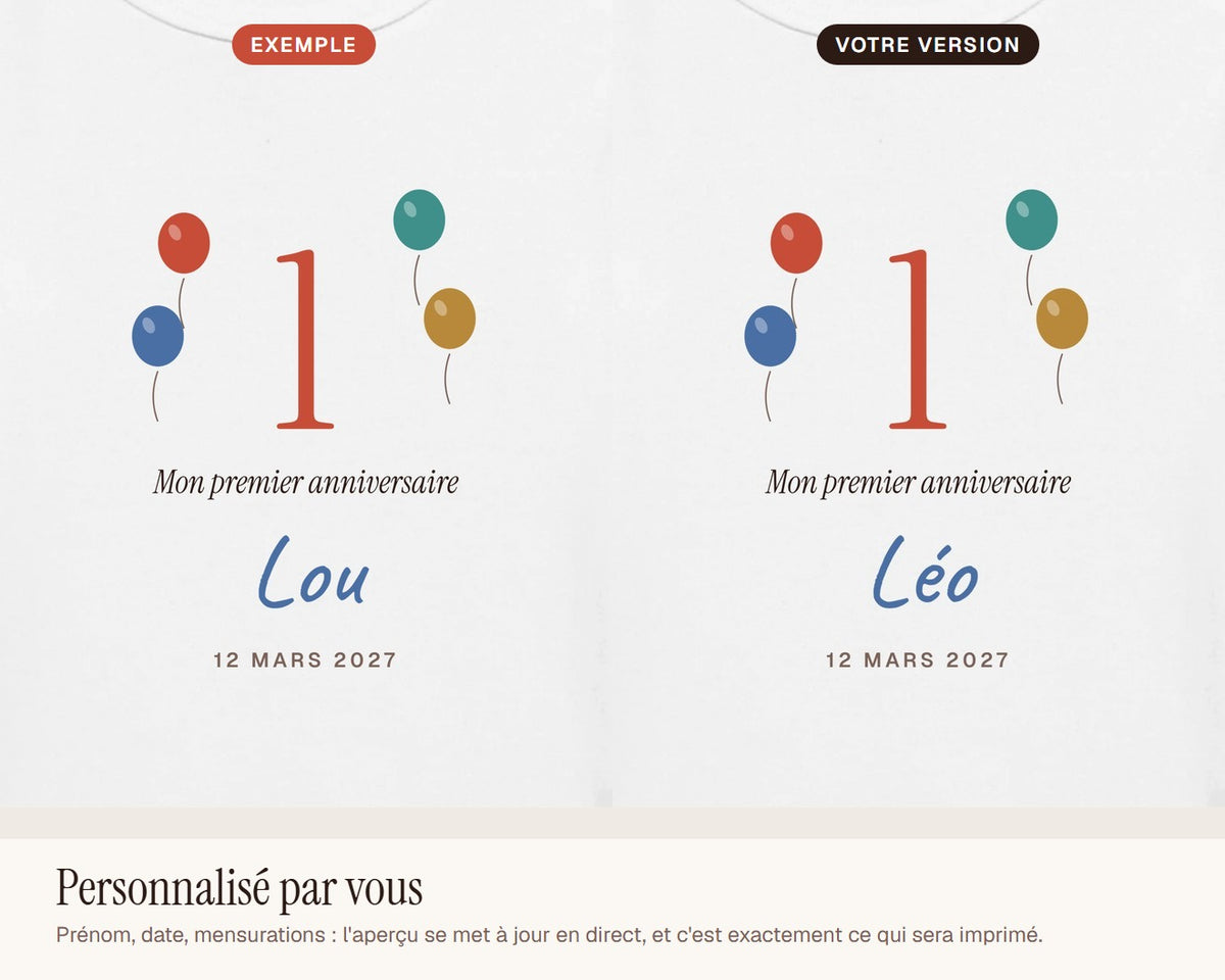 Body « Mon premier anniversaire » personnalisé – exemple de personnalisation