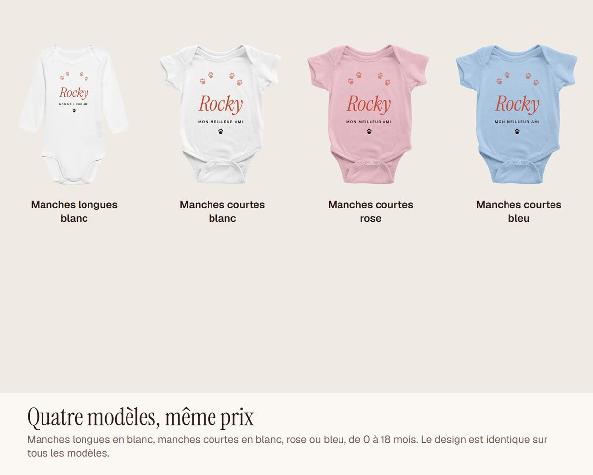 Body bébé « Mon meilleur ami » avec le nom du chien – les quatre modèles : manches longues blanc, manches courtes blanc, rose et bleu