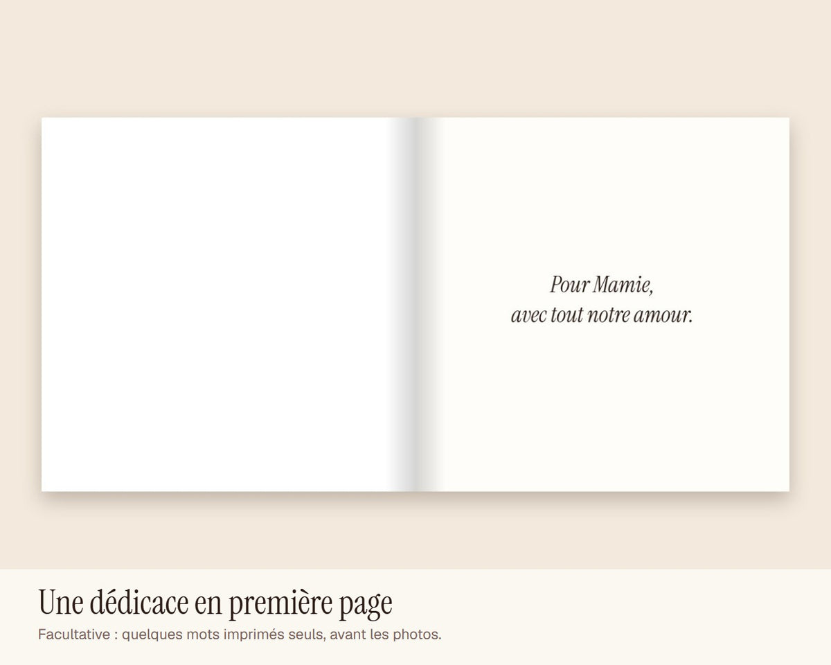 Livre photo personnalisé 20 × 20 cm, couverture rigide ou souple – dédicace en première page