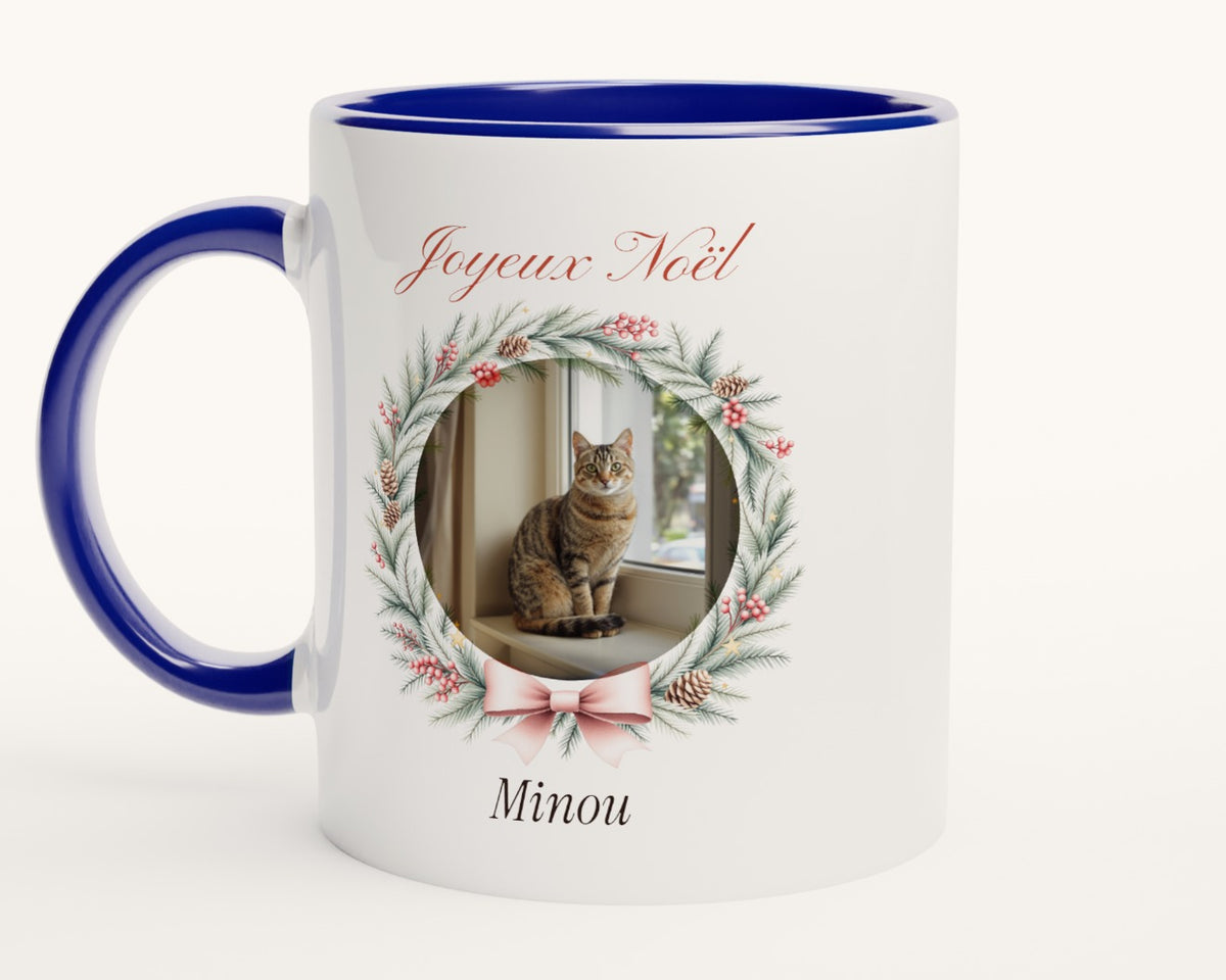 Mug de Noël avec la photo de votre chat – intérieur et anse bleus