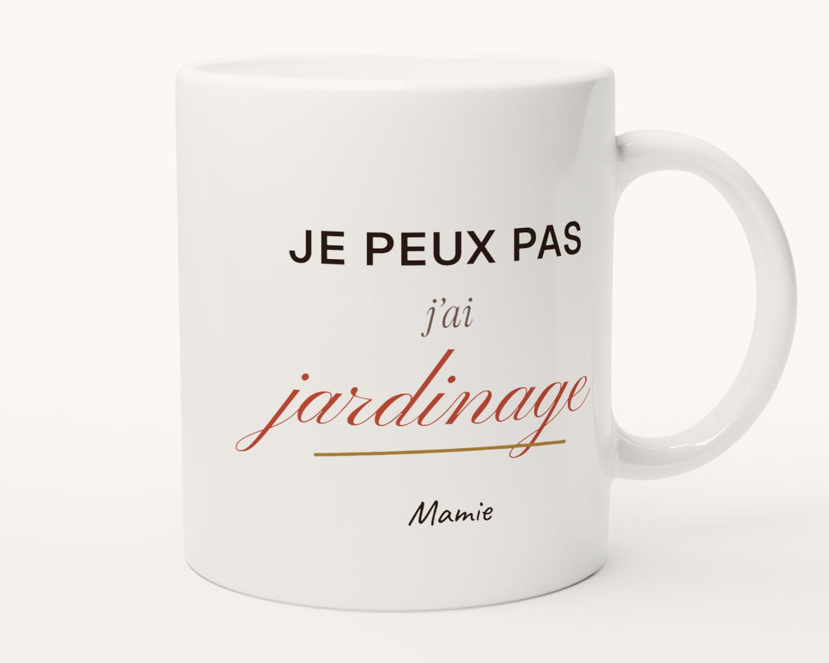 Mug humour « Je peux pas, j'ai jardinage » personnalisé – autre face, anse à droite