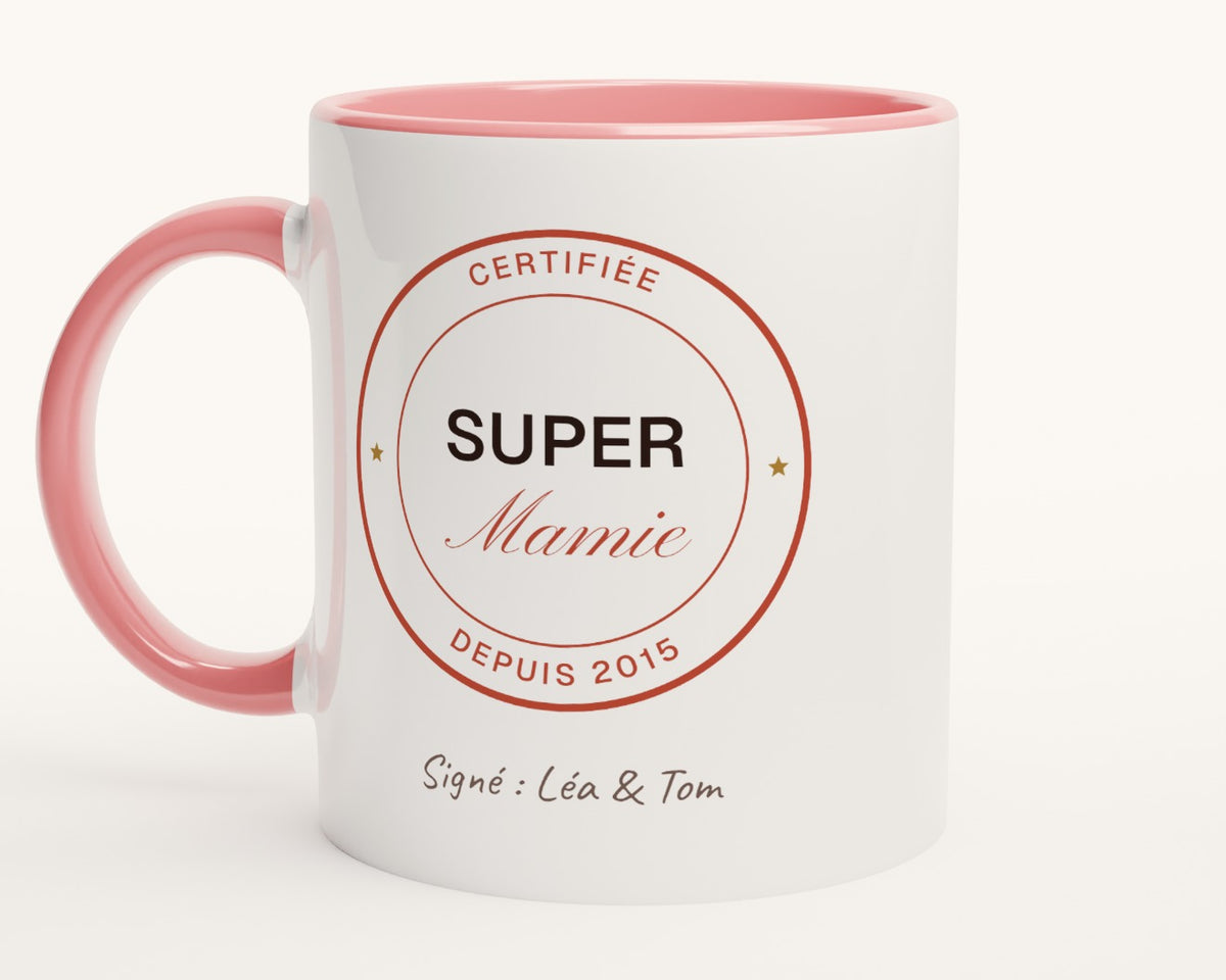 Mug « Super Mamie certifiée » personnalisé – intérieur et anse roses