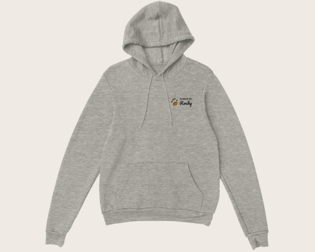 Sweat brodé « Maman de » avec le nom de votre chien – sweat à capuche gris chiné
