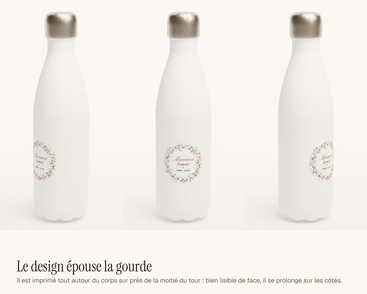 Gourde « Maman d'amour » personnalisée avec les prénoms – le design vu de face et de côté
