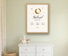 Affiche de naissance « lune et étoiles » personnalisée