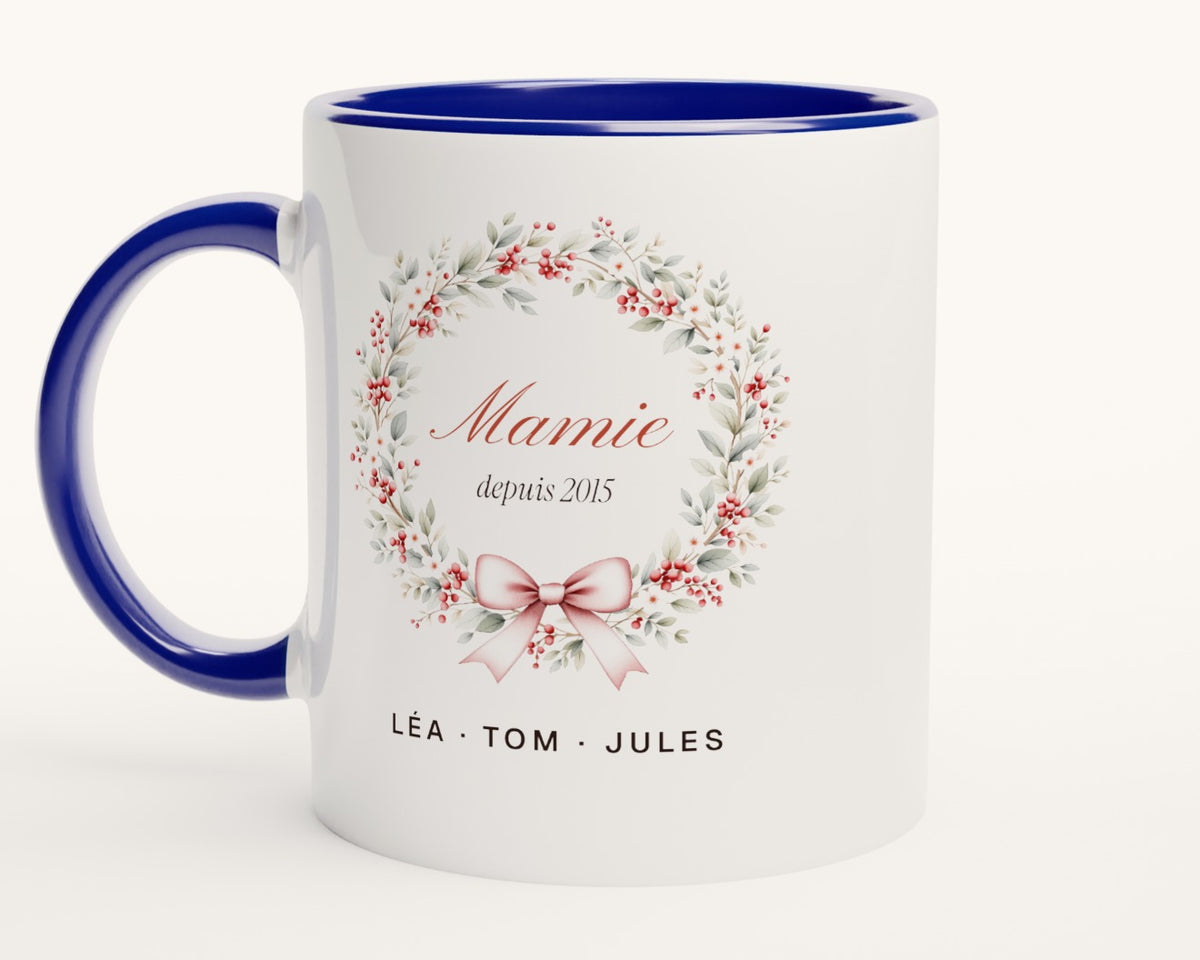 Mug « Mamie » couronne de feuillage personnalisé – intérieur et anse bleus