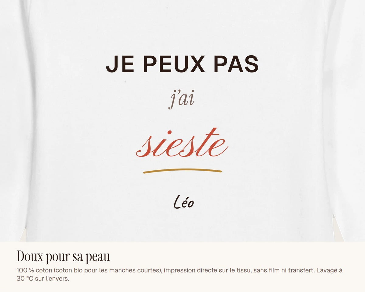 Body bébé « Je peux pas, j'ai sieste » personnalisé – gros plan sur l'impression