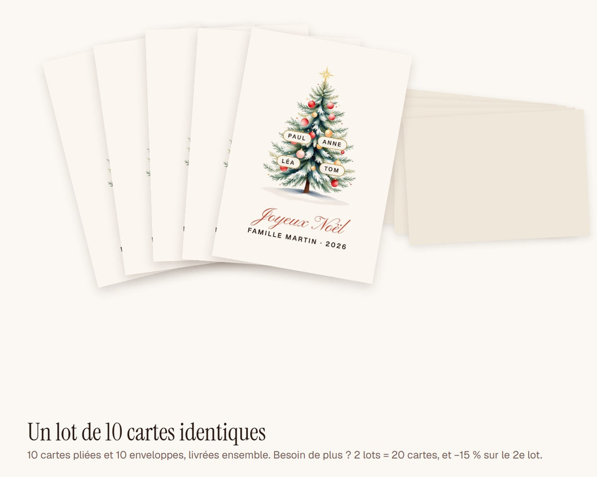 Carte de vœux sapin de famille personnalisée (lot de 10) – lot de 10 cartes et enveloppes