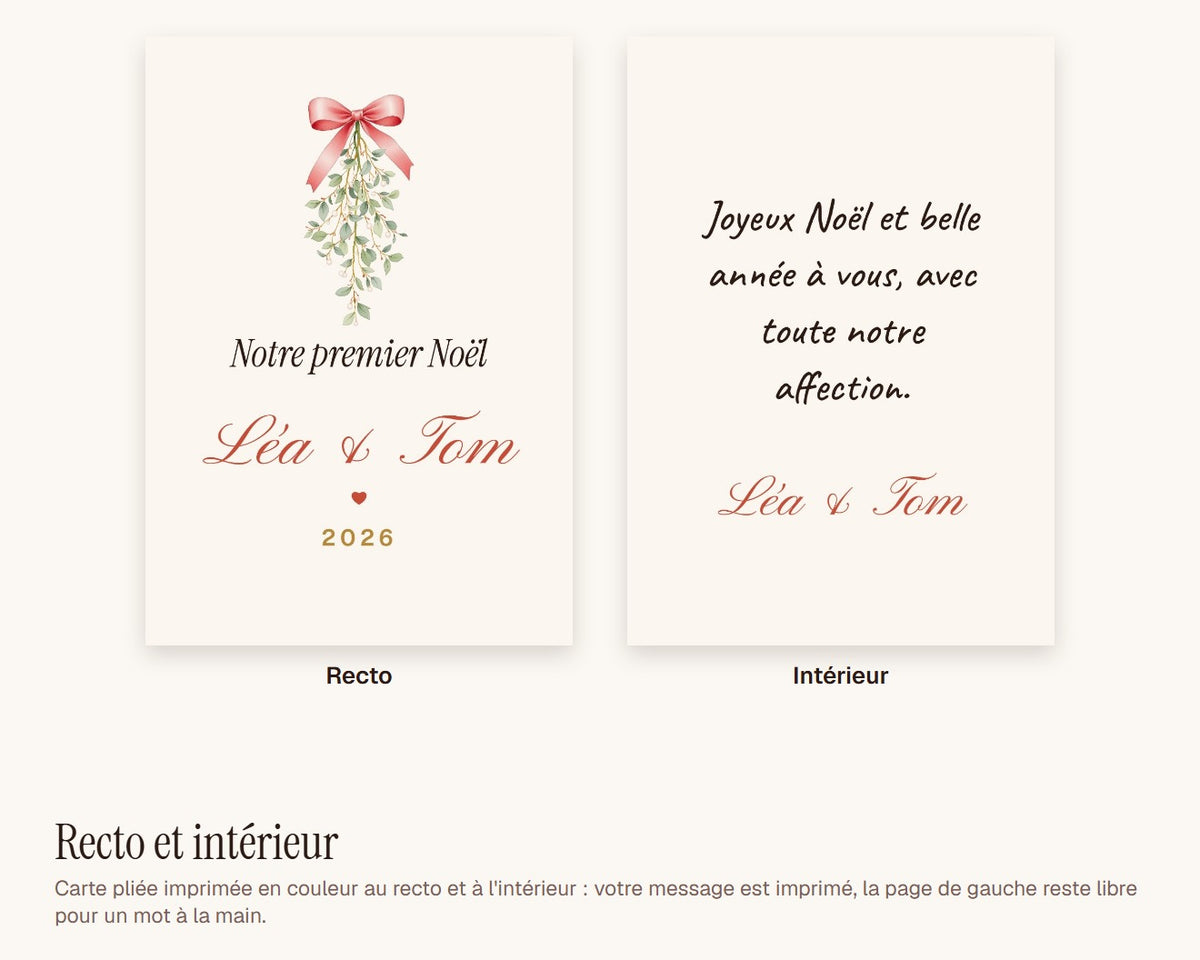 Carte de Noël couple sous le gui personnalisée (lot de 10) – recto et intérieur