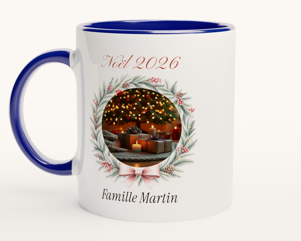 Mug photo de Noël personnalisé pour la famille – intérieur et anse bleus
