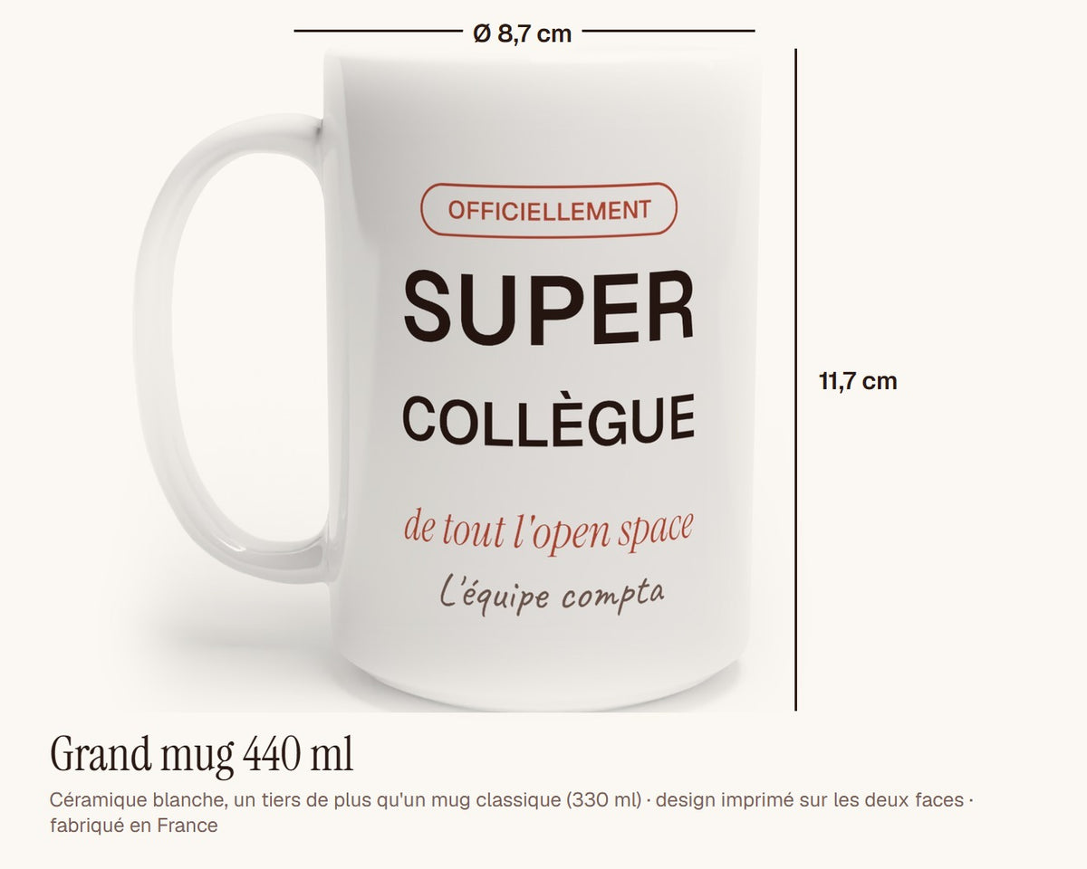 Mug personnalisé « Super collègue » – grand mug 440 ml, 11,7 cm de haut