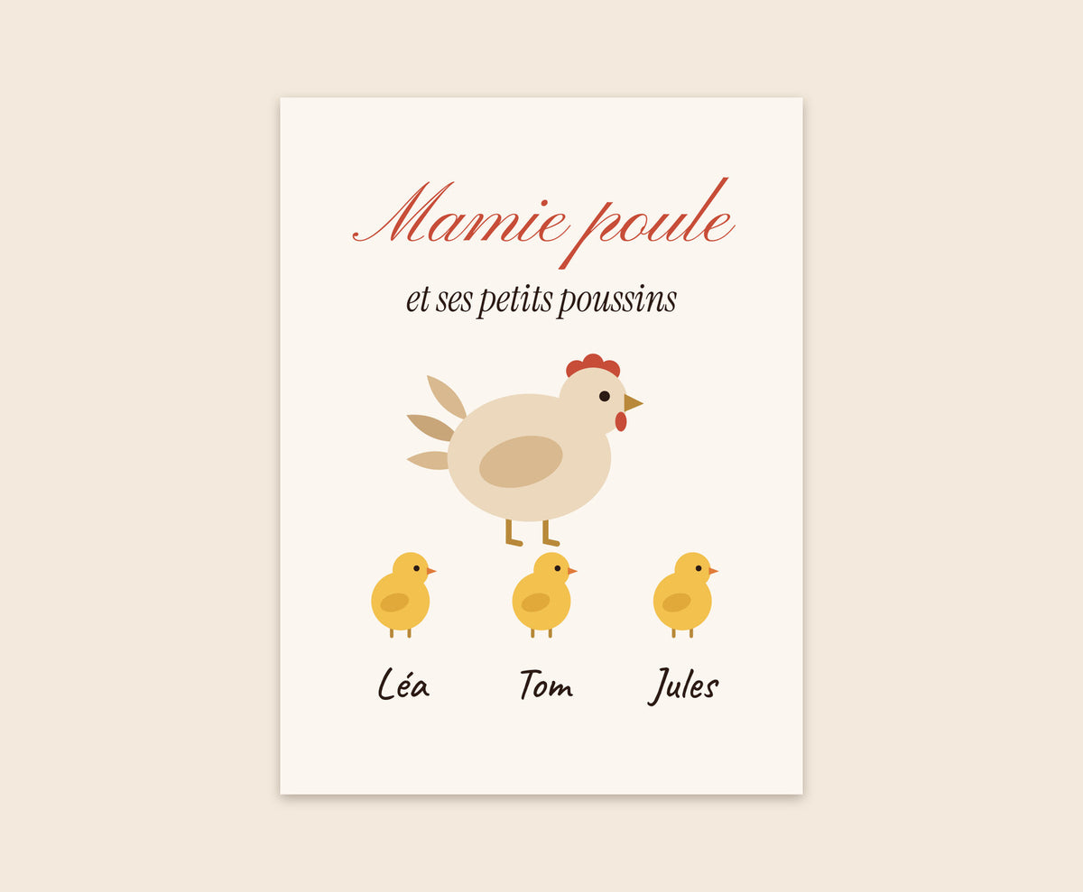Affiche « Mamie poule » personnalisée avec les petits-enfants – Affiche 30×40 cm