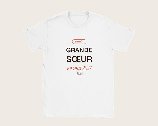 T-shirt « Grande sœur » personnalisé pour annoncer une naissance – t-shirt enfant blanc