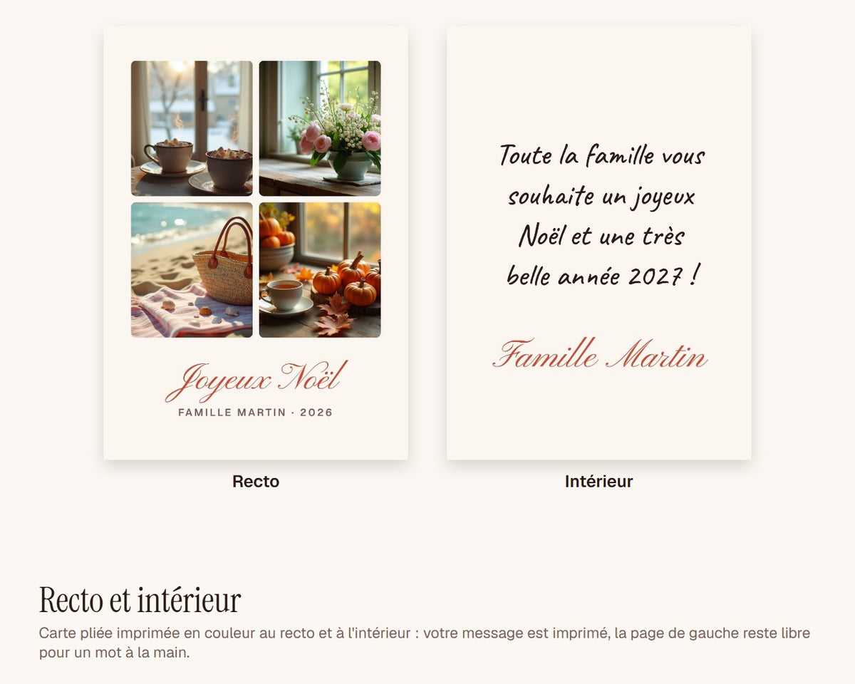 Carte de Noël collage 4 photos personnalisée (lot de 10) – recto et intérieur