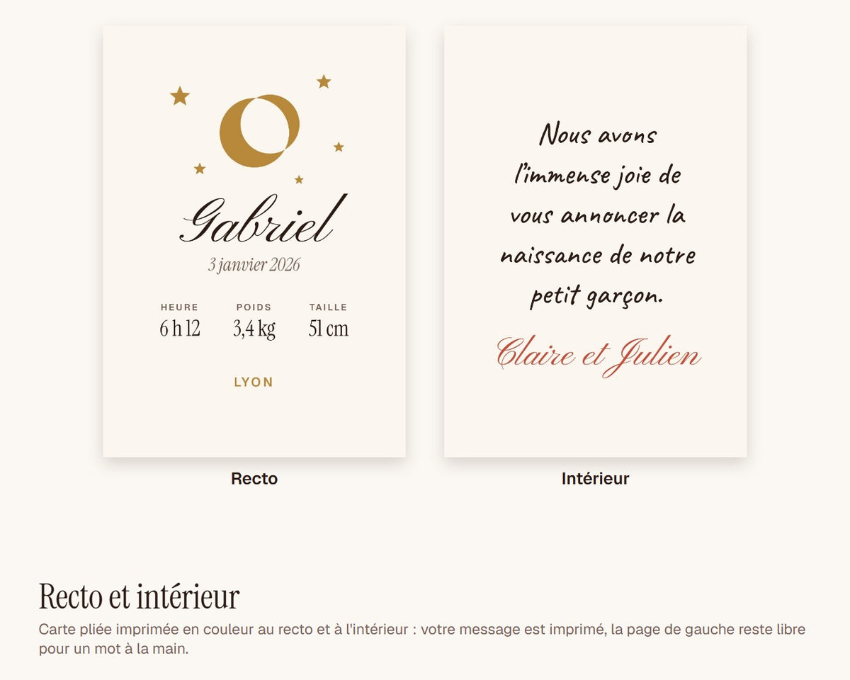 Faire-part de naissance « lune et étoiles » personnalisé (lot de 10) – recto et intérieur