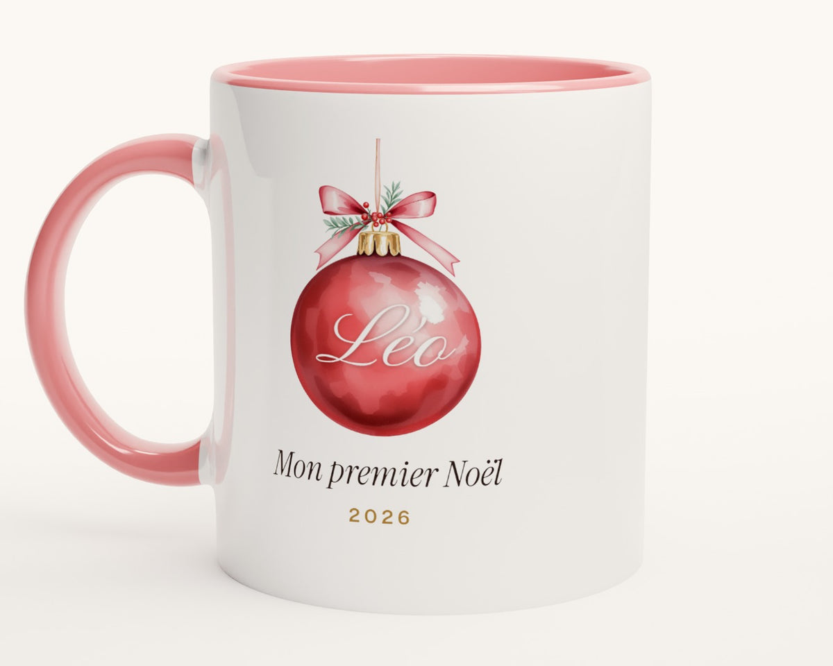 Mug « Mon premier Noël » personnalisé avec prénom – intérieur et anse roses