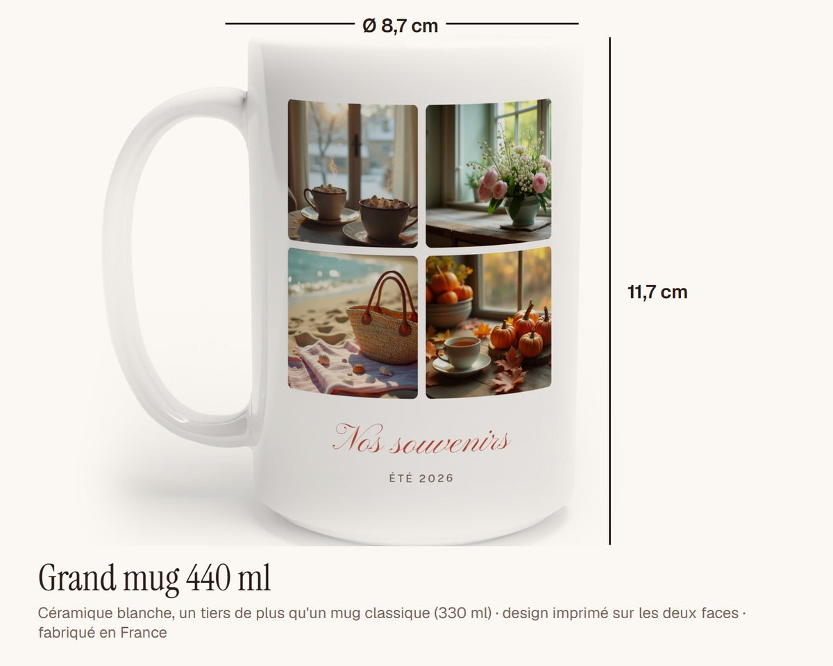 Mug collage 4 photos personnalisé – grand mug 440 ml, 11,7 cm de haut