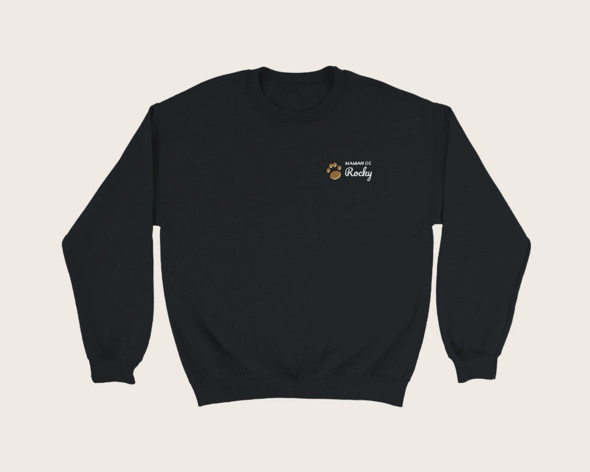 Sweat brodé « Maman de » avec le nom de votre chien – sweat col rond noir
