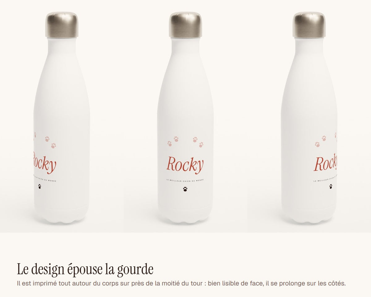 Gourde personnalisée avec le nom de votre chien – le design vu de face et de côté