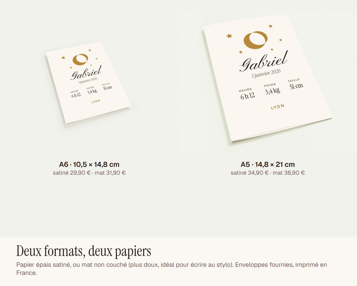 Faire-part de naissance « lune et étoiles » personnalisé (lot de 10) – formats A6 et A5