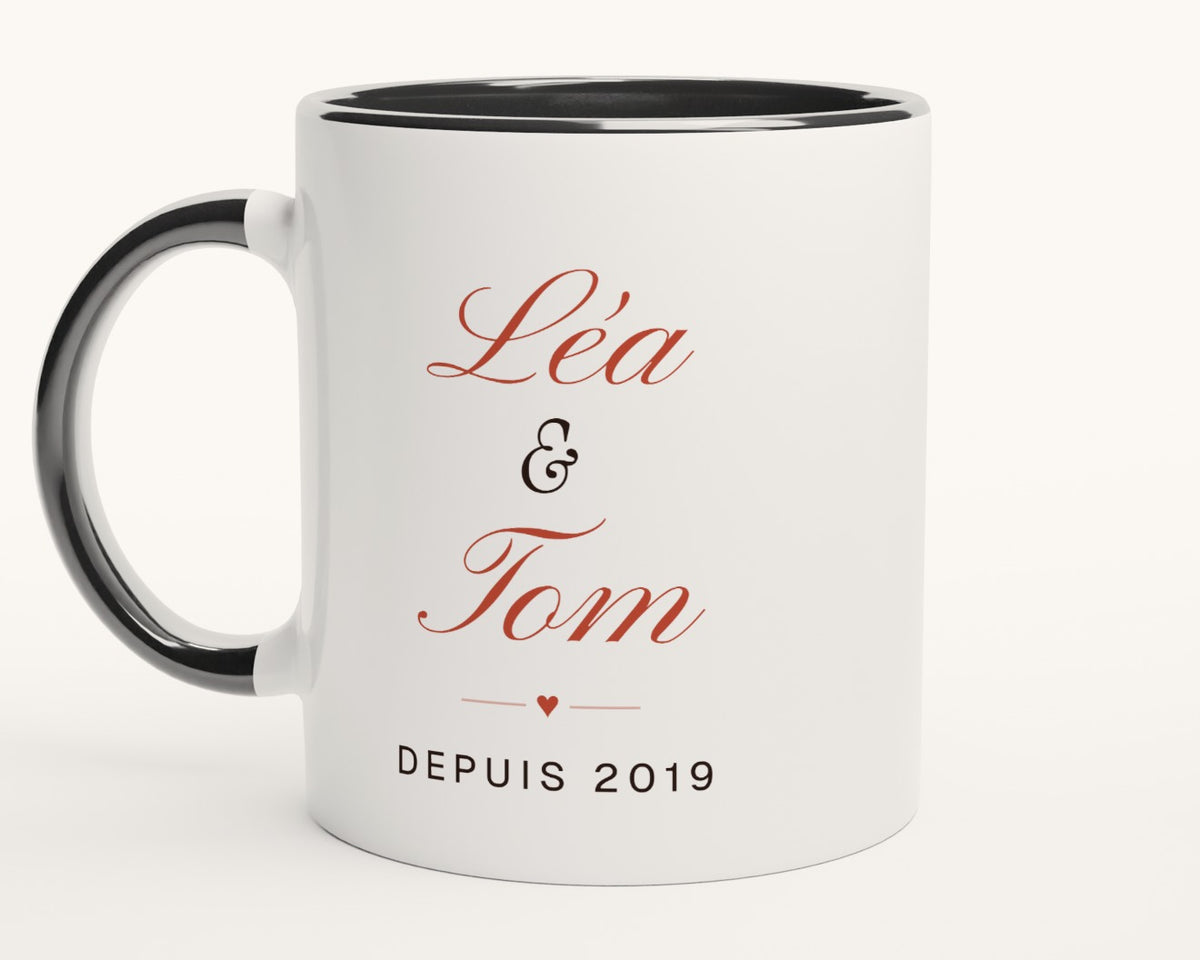 Mug personnalisé couple avec vos deux prénoms – intérieur et anse noirs
