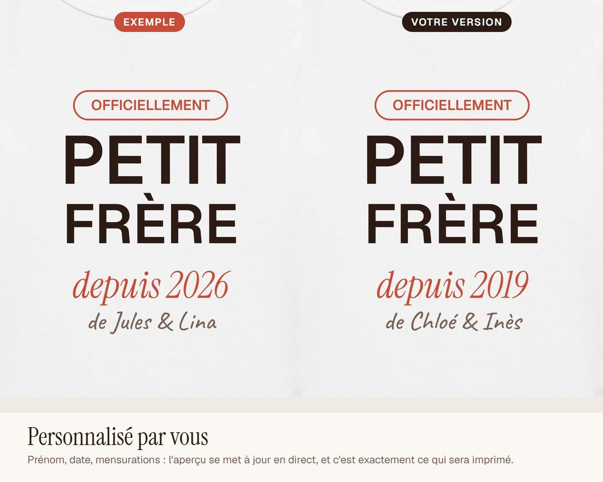 Body « Petit frère » personnalisé avec les prénoms – exemple de personnalisation