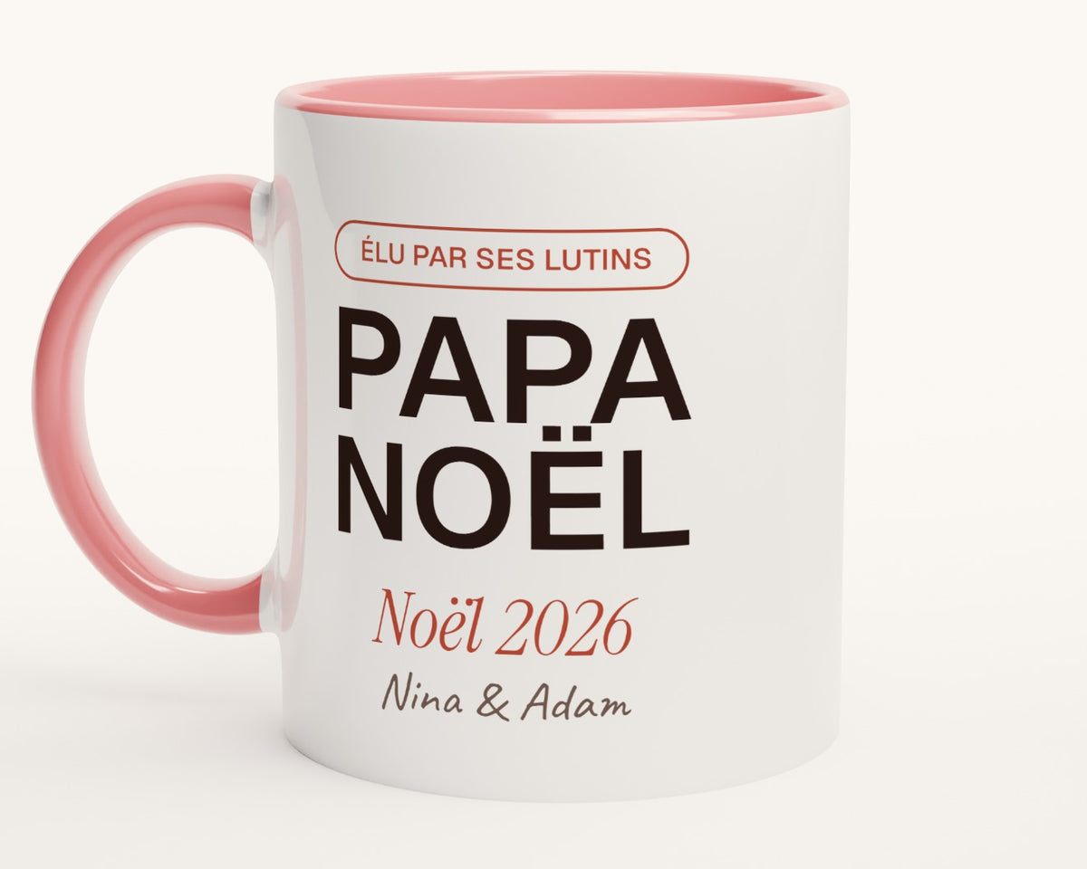 Mug « Papa Noël » personnalisé avec les prénoms des enfants – intérieur et anse roses