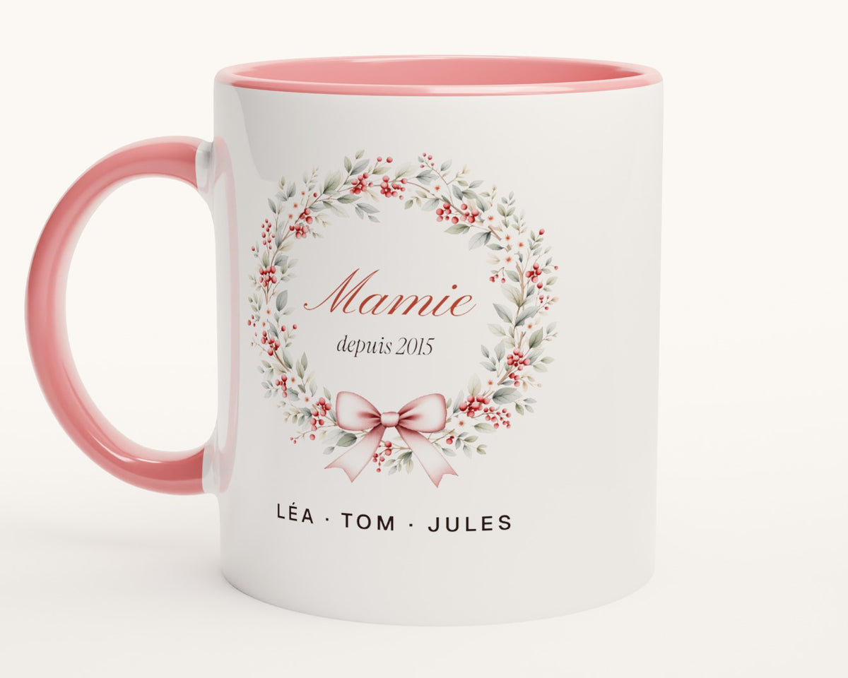 Mug « Mamie » couronne de feuillage personnalisé – intérieur et anse roses